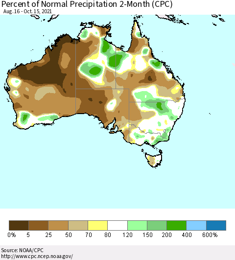 Australia Percent of Normal Precipitation 2-Month (CPC) Thematic Map For 8/16/2021 - 10/15/2021