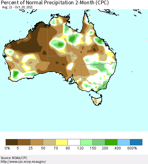 Australia Percent of Normal Precipitation 2-Month (CPC) Thematic Map For 8/21/2021 - 10/20/2021