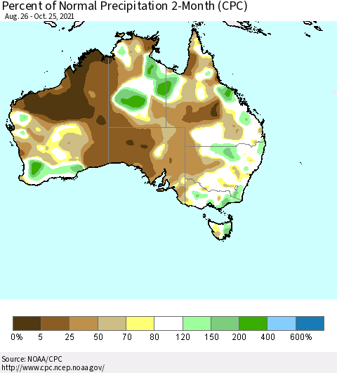 Australia Percent of Normal Precipitation 2-Month (CPC) Thematic Map For 8/26/2021 - 10/25/2021
