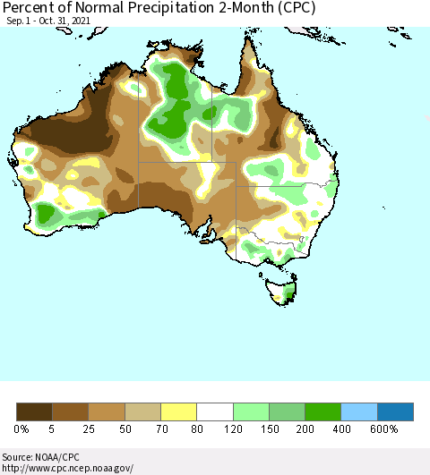 Australia Percent of Normal Precipitation 2-Month (CPC) Thematic Map For 9/1/2021 - 10/31/2021