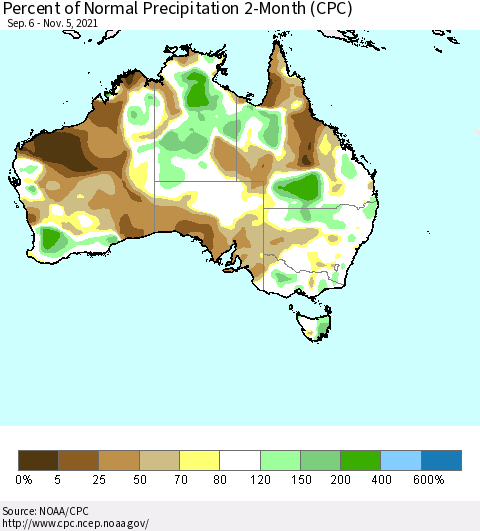 Australia Percent of Normal Precipitation 2-Month (CPC) Thematic Map For 9/6/2021 - 11/5/2021