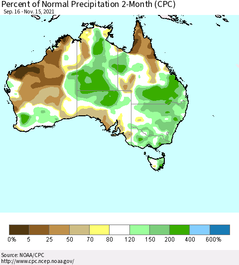 Australia Percent of Normal Precipitation 2-Month (CPC) Thematic Map For 9/16/2021 - 11/15/2021