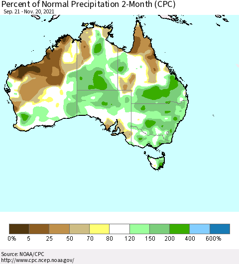 Australia Percent of Normal Precipitation 2-Month (CPC) Thematic Map For 9/21/2021 - 11/20/2021