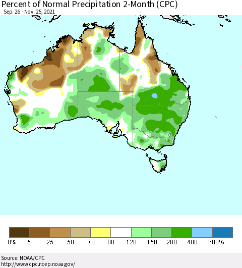 Australia Percent of Normal Precipitation 2-Month (CPC) Thematic Map For 9/26/2021 - 11/25/2021
