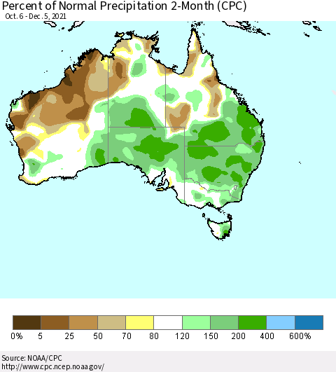 Australia Percent of Normal Precipitation 2-Month (CPC) Thematic Map For 10/6/2021 - 12/5/2021