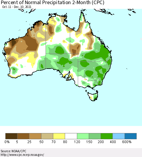 Australia Percent of Normal Precipitation 2-Month (CPC) Thematic Map For 10/11/2021 - 12/10/2021
