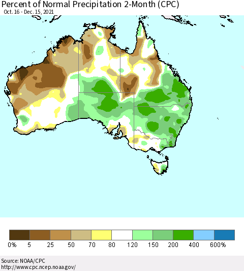 Australia Percent of Normal Precipitation 2-Month (CPC) Thematic Map For 10/16/2021 - 12/15/2021