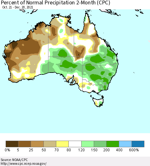 Australia Percent of Normal Precipitation 2-Month (CPC) Thematic Map For 10/21/2021 - 12/20/2021