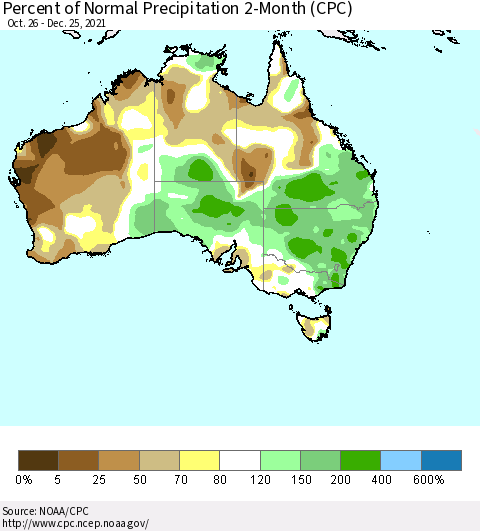 Australia Percent of Normal Precipitation 2-Month (CPC) Thematic Map For 10/26/2021 - 12/25/2021