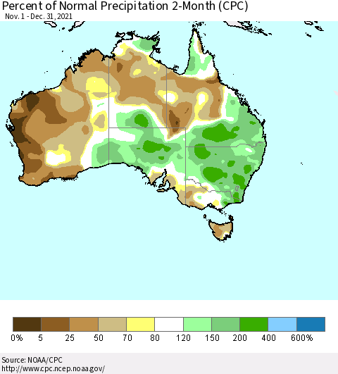 Australia Percent of Normal Precipitation 2-Month (CPC) Thematic Map For 11/1/2021 - 12/31/2021