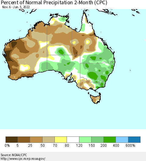 Australia Percent of Normal Precipitation 2-Month (CPC) Thematic Map For 11/6/2021 - 1/5/2022