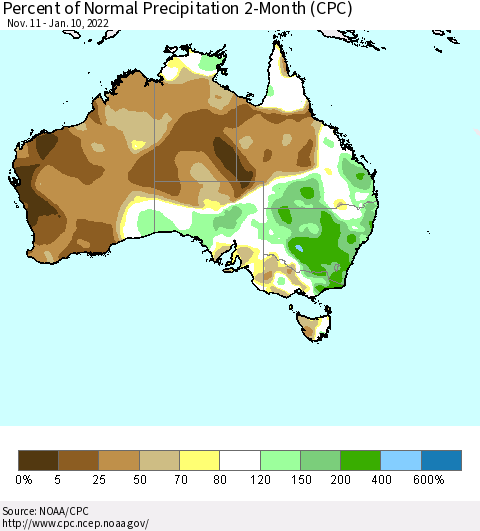 Australia Percent of Normal Precipitation 2-Month (CPC) Thematic Map For 11/11/2021 - 1/10/2022