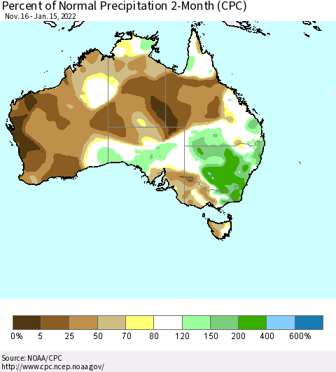 Australia Percent of Normal Precipitation 2-Month (CPC) Thematic Map For 11/16/2021 - 1/15/2022