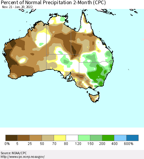 Australia Percent of Normal Precipitation 2-Month (CPC) Thematic Map For 11/21/2021 - 1/20/2022