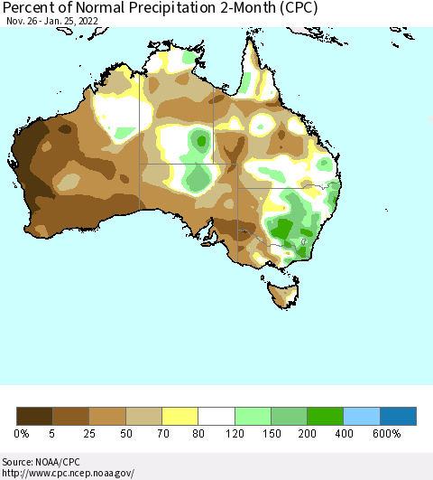 Australia Percent of Normal Precipitation 2-Month (CPC) Thematic Map For 11/26/2021 - 1/25/2022