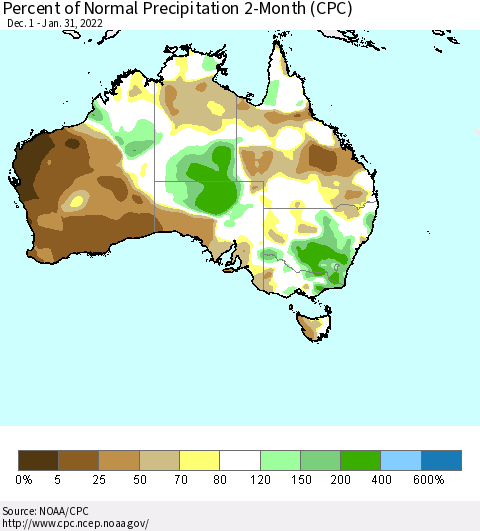 Australia Percent of Normal Precipitation 2-Month (CPC) Thematic Map For 12/1/2021 - 1/31/2022