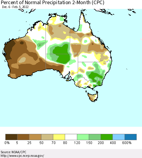 Australia Percent of Normal Precipitation 2-Month (CPC) Thematic Map For 12/6/2021 - 2/5/2022