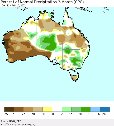 Australia Percent of Normal Precipitation 2-Month (CPC) Thematic Map For 12/11/2021 - 2/10/2022