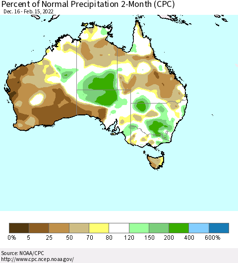 Australia Percent of Normal Precipitation 2-Month (CPC) Thematic Map For 12/16/2021 - 2/15/2022