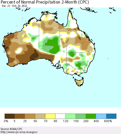 Australia Percent of Normal Precipitation 2-Month (CPC) Thematic Map For 12/21/2021 - 2/20/2022