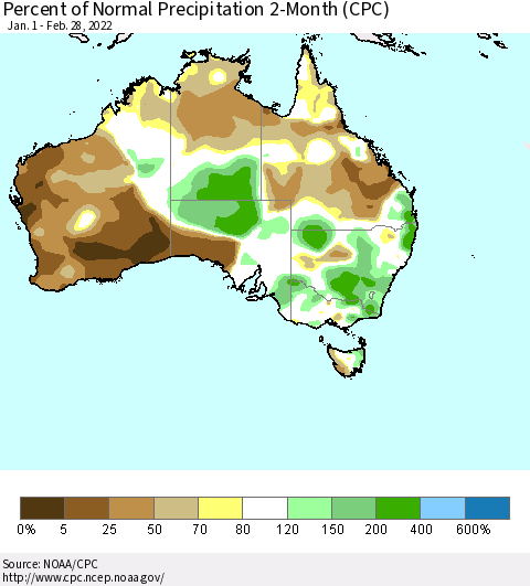 Australia Percent of Normal Precipitation 2-Month (CPC) Thematic Map For 1/1/2022 - 2/28/2022
