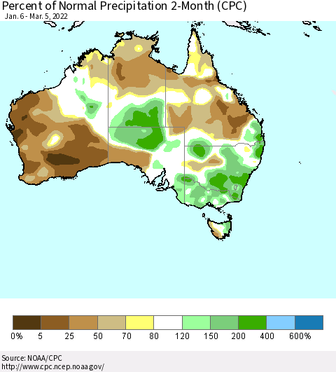 Australia Percent of Normal Precipitation 2-Month (CPC) Thematic Map For 1/6/2022 - 3/5/2022