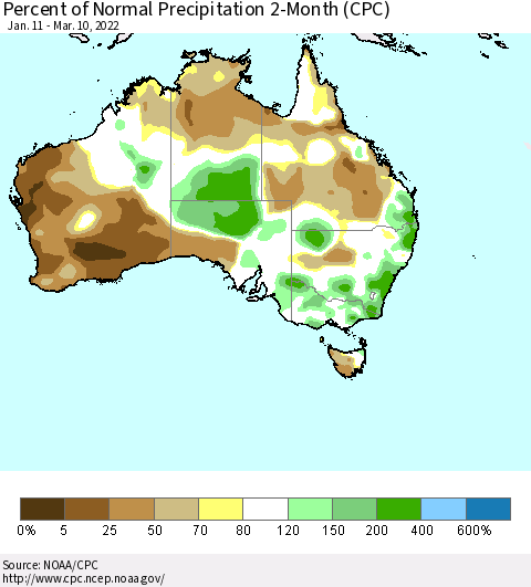 Australia Percent of Normal Precipitation 2-Month (CPC) Thematic Map For 1/11/2022 - 3/10/2022