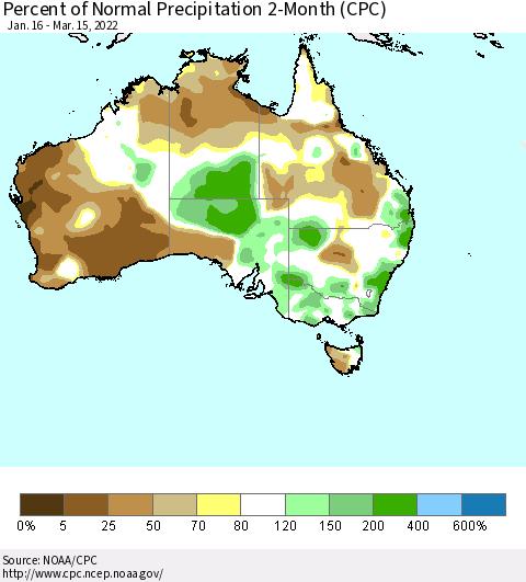 Australia Percent of Normal Precipitation 2-Month (CPC) Thematic Map For 1/16/2022 - 3/15/2022