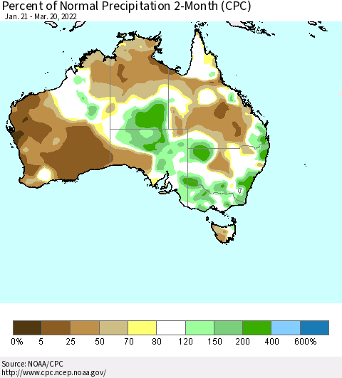 Australia Percent of Normal Precipitation 2-Month (CPC) Thematic Map For 1/21/2022 - 3/20/2022
