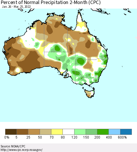 Australia Percent of Normal Precipitation 2-Month (CPC) Thematic Map For 1/26/2022 - 3/25/2022