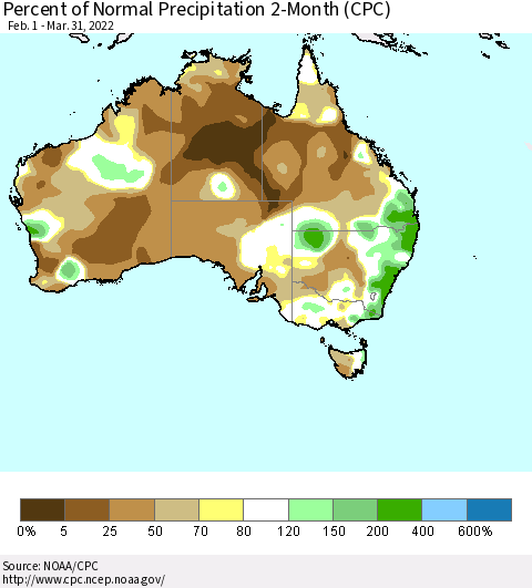 Australia Percent of Normal Precipitation 2-Month (CPC) Thematic Map For 2/1/2022 - 3/31/2022