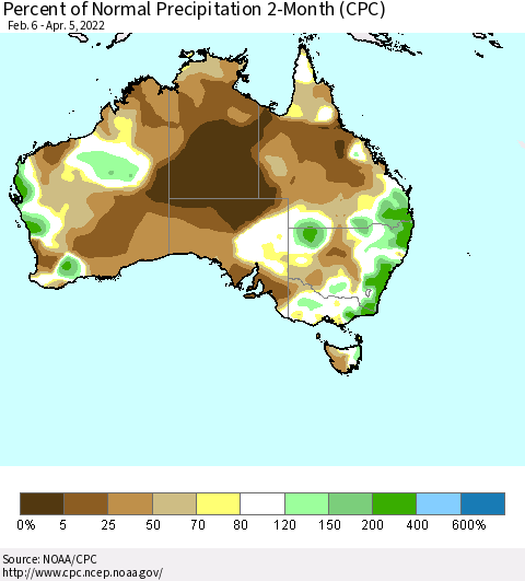 Australia Percent of Normal Precipitation 2-Month (CPC) Thematic Map For 2/6/2022 - 4/5/2022