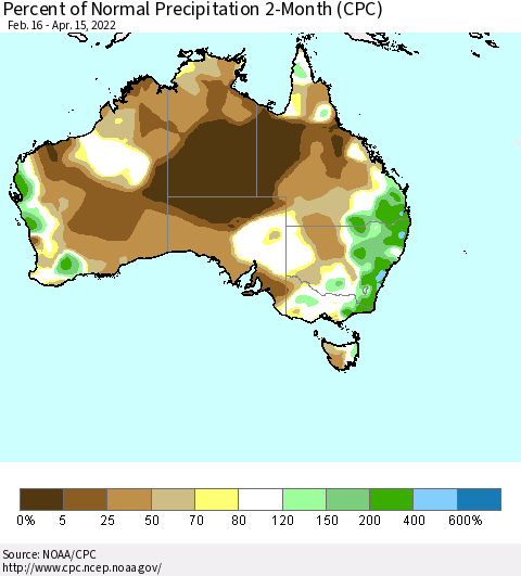 Australia Percent of Normal Precipitation 2-Month (CPC) Thematic Map For 2/16/2022 - 4/15/2022