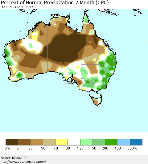 Australia Percent of Normal Precipitation 2-Month (CPC) Thematic Map For 2/21/2022 - 4/20/2022