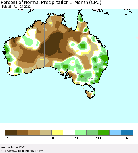 Australia Percent of Normal Precipitation 2-Month (CPC) Thematic Map For 2/26/2022 - 4/25/2022