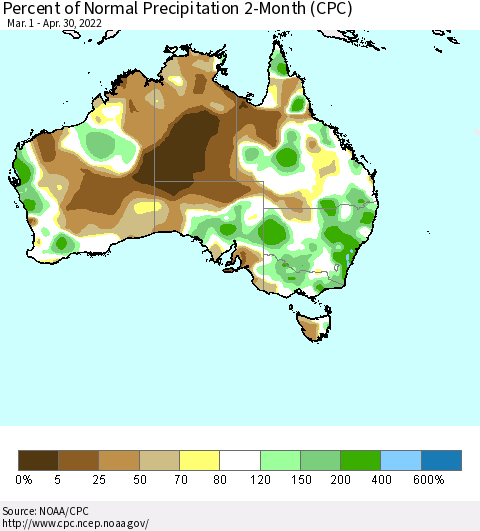 Australia Percent of Normal Precipitation 2-Month (CPC) Thematic Map For 3/1/2022 - 4/30/2022