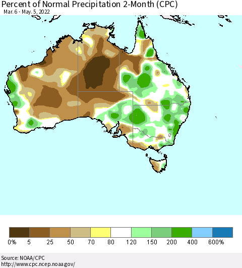 Australia Percent of Normal Precipitation 2-Month (CPC) Thematic Map For 3/6/2022 - 5/5/2022
