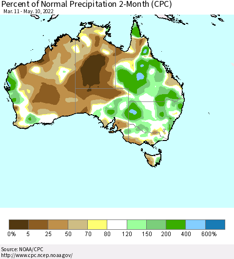 Australia Percent of Normal Precipitation 2-Month (CPC) Thematic Map For 3/11/2022 - 5/10/2022