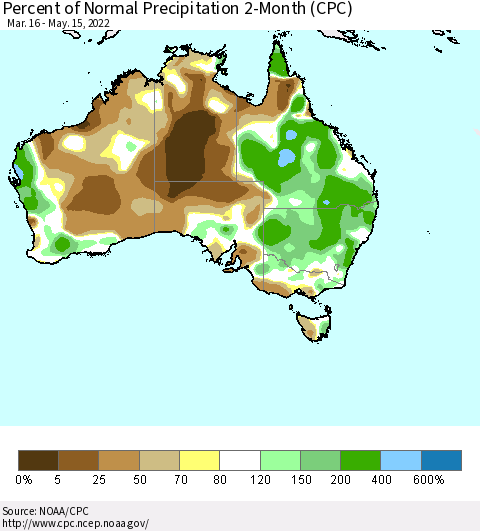 Australia Percent of Normal Precipitation 2-Month (CPC) Thematic Map For 3/16/2022 - 5/15/2022