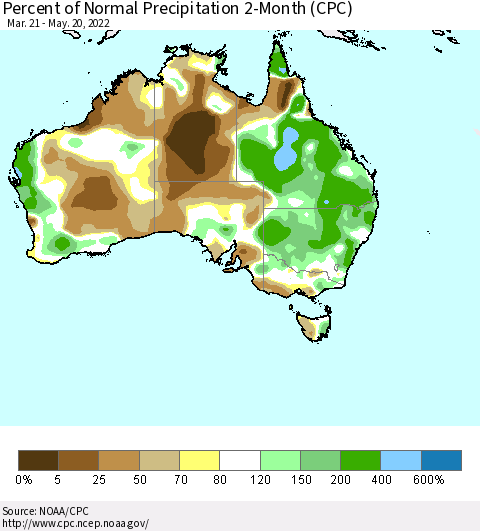 Australia Percent of Normal Precipitation 2-Month (CPC) Thematic Map For 3/21/2022 - 5/20/2022