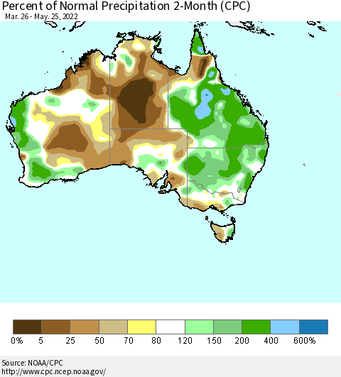 Australia Percent of Normal Precipitation 2-Month (CPC) Thematic Map For 3/26/2022 - 5/25/2022