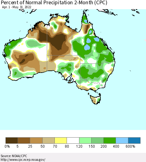 Australia Percent of Normal Precipitation 2-Month (CPC) Thematic Map For 4/1/2022 - 5/31/2022