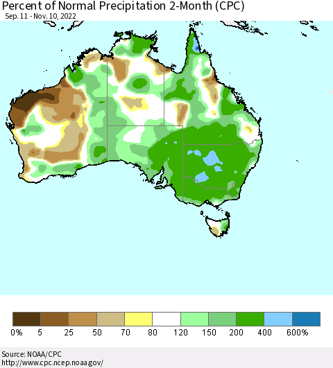 Australia Percent of Normal Precipitation 2-Month (CPC) Thematic Map For 9/11/2022 - 11/10/2022