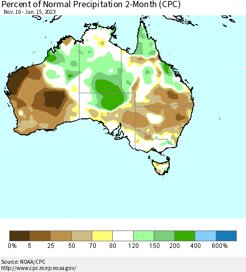 Australia Percent of Normal Precipitation 2-Month (CPC) Thematic Map For 11/16/2022 - 1/15/2023