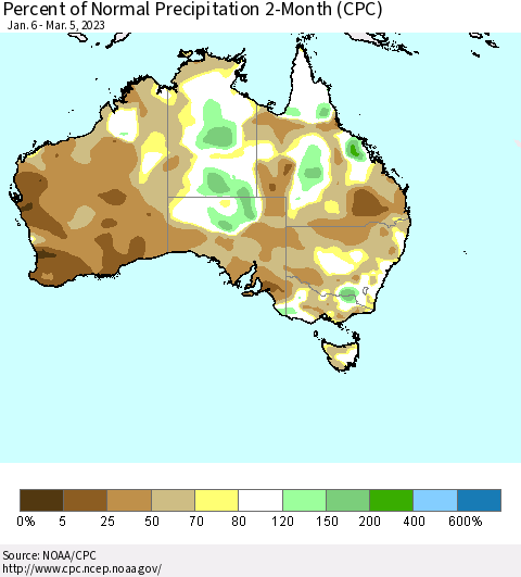Australia Percent of Normal Precipitation 2-Month (CPC) Thematic Map For 1/6/2023 - 3/5/2023