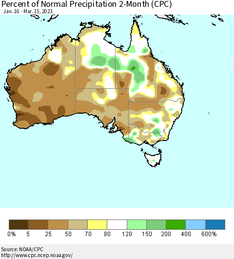 Australia Percent of Normal Precipitation 2-Month (CPC) Thematic Map For 1/16/2023 - 3/15/2023