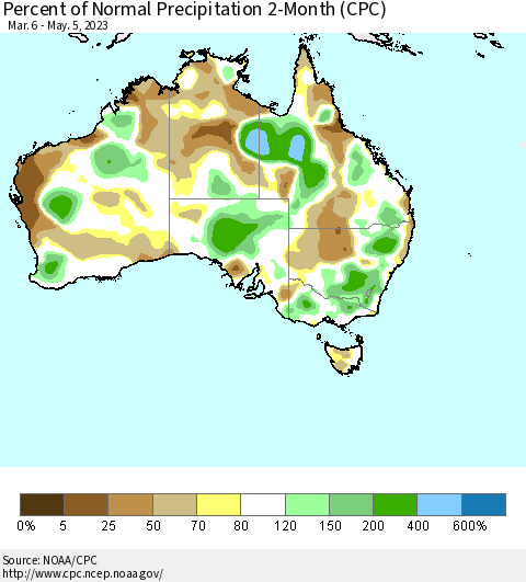 Australia Percent of Normal Precipitation 2-Month (CPC) Thematic Map For 3/6/2023 - 5/5/2023