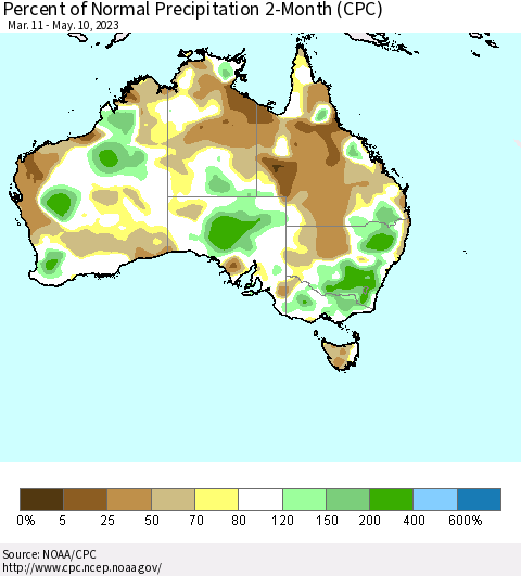 Australia Percent of Normal Precipitation 2-Month (CPC) Thematic Map For 3/11/2023 - 5/10/2023