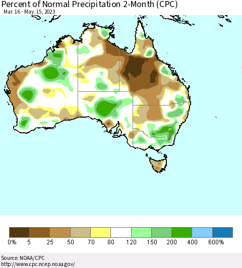 Australia Percent of Normal Precipitation 2-Month (CPC) Thematic Map For 3/16/2023 - 5/15/2023