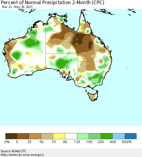 Australia Percent of Normal Precipitation 2-Month (CPC) Thematic Map For 3/21/2023 - 5/20/2023